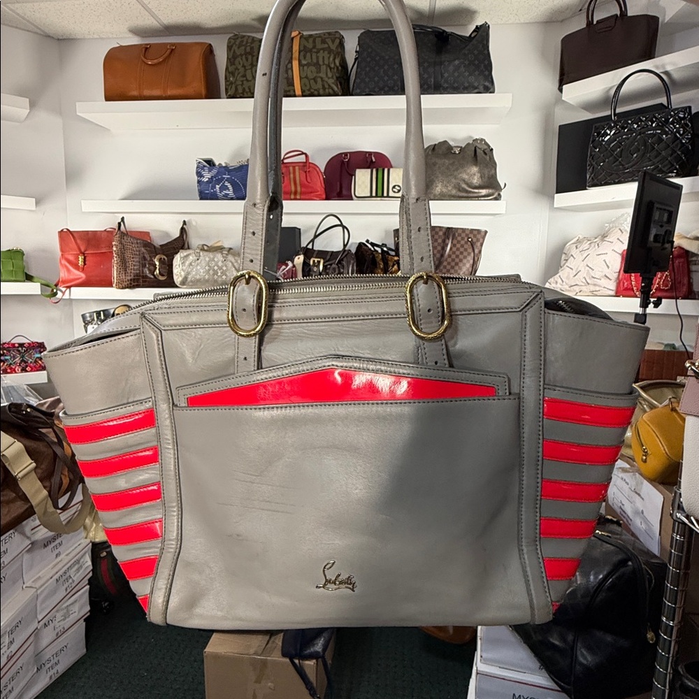 Louboutin Gray Shoulder bag with Red stripe Accents